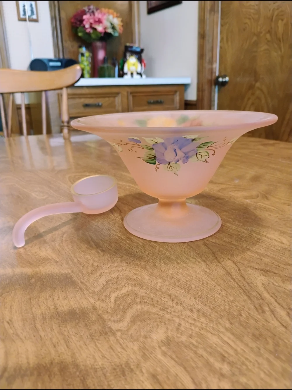 Vintage Tiffin Satin Pink Mayonnaise Bowl With Spoon Floral Poppies Gold Trim